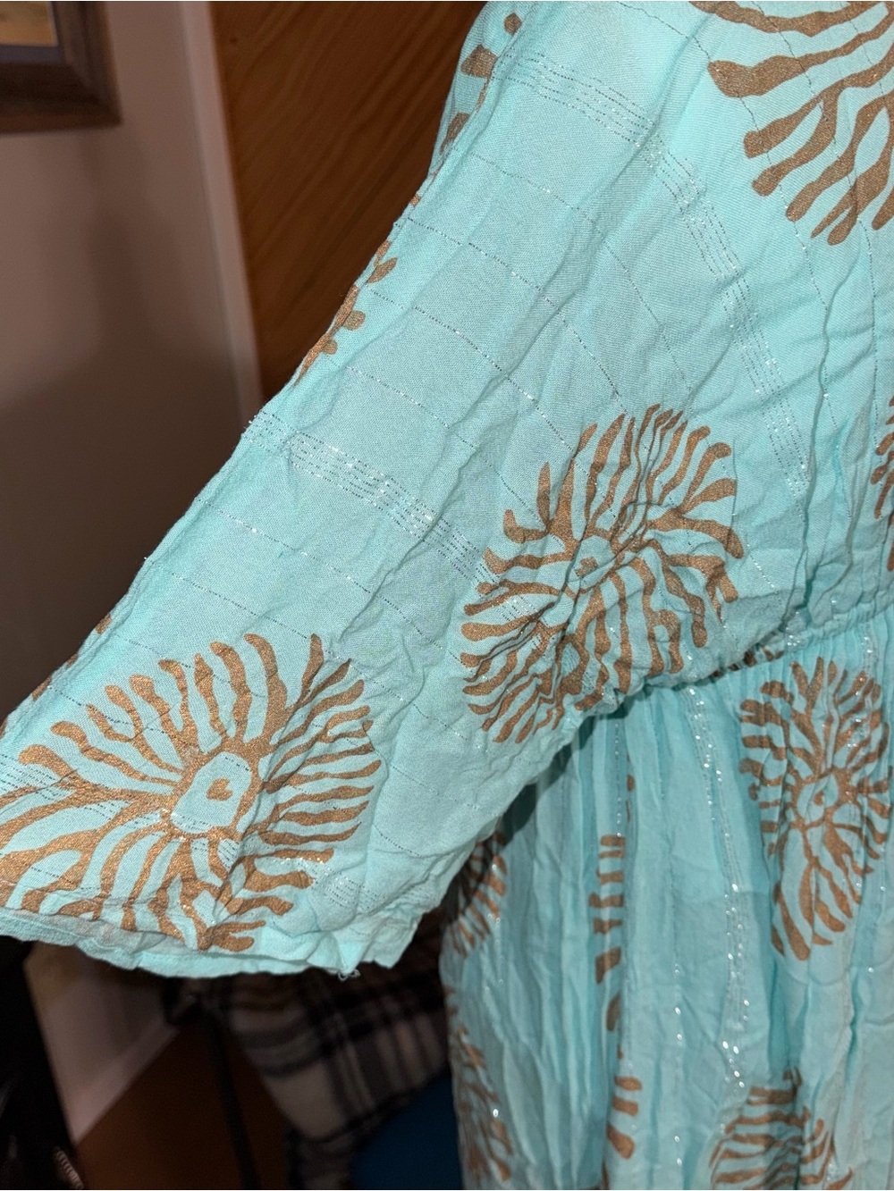 Zury Turquoise Maxi Dress with Gold Medallion Print and Tassel Tie 100% Viscose - Picture 5 of 11